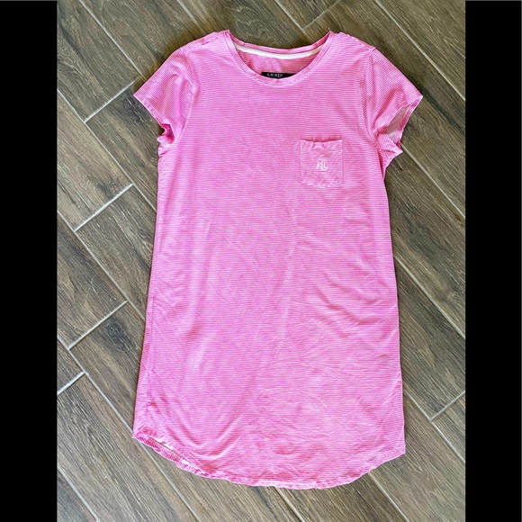 Lauren Polo Pink and White Striped Tee Shirt Dress Size Medium 🌿 - Picture 1 of 7